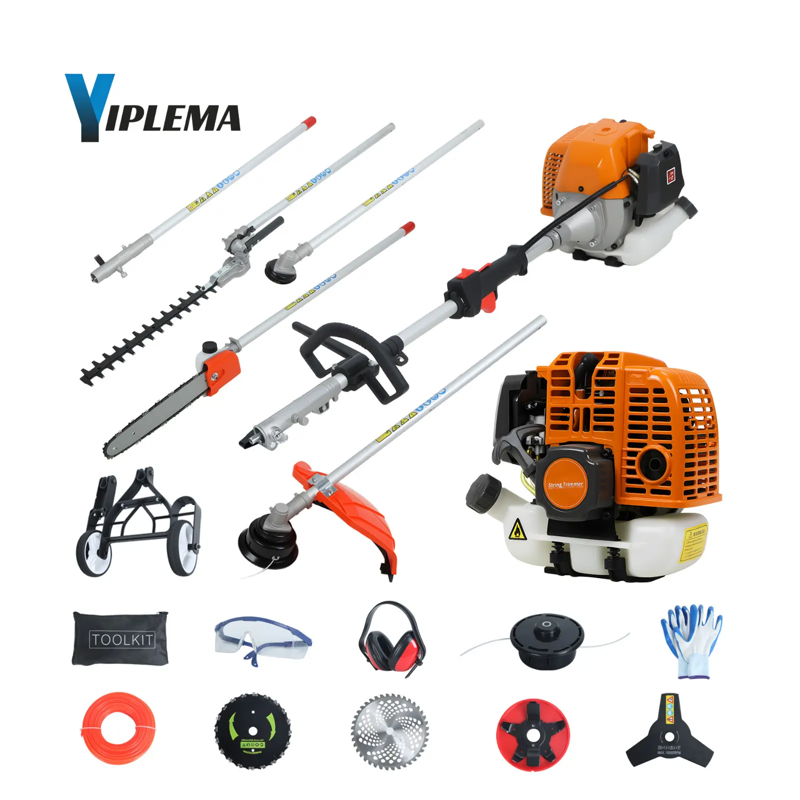 YIPLEMA 52CC 8-in-1 Garden Tool Kit - Gas Grass Trimmer, Hedge Trimmer, Weed Eater, Brush Cutter, Edger, Pole Saw Chainsaw Pruner Whacker with Handle & Shoulder Strap for Outdoor Gadgets, Full Kit, Gas Powered