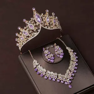 Elegant Crystal Necklace Earrings Tiara Crown Set For Women Wedding Bridal Prom
