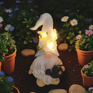 Garden Gnome Sculpture For Summer Outdoor Decoration 10 Inch Resin Courtyard Statue With Bees Lanterns Solar Gnome Holding Kettle For Lawn Balcony Art