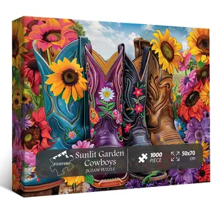 PICKFORU Flowers Puzzles for Adults 1000 Pieces, Colorful Sunflower Puzzle Cowboy Boot Shoe, Spring Flower Garden Jigsaw Puzzles as Home Decor