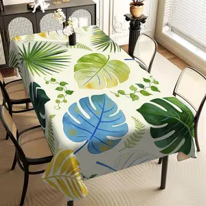 JIT 1PC 2D Flat print, colorful tropical plant leaf pattern long tablecloth, tabletop decorative cloth, tabletop protective cover, suitable for indoor and outdoor use, holiday style, universal in all seasons