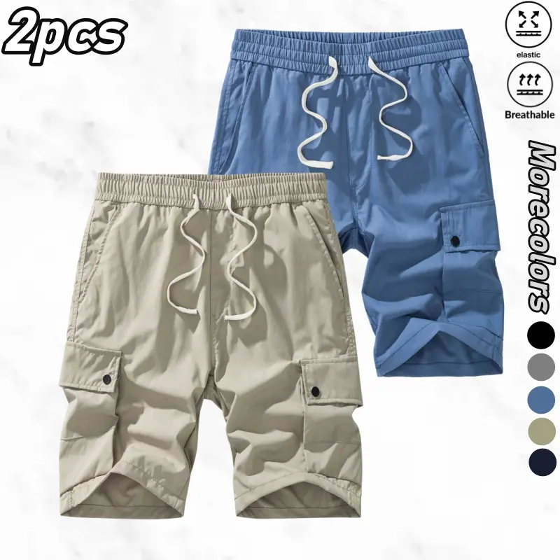 Men's Retro 2-Piece Workwear Set - Loose-Fit Stretchy Woven Top, 7/8 Straight-Leg Cargo Shorts, Figure-Flattering Casual Outfits (Gray, Khaki)