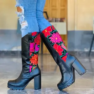 Bota alta bordada - Beautiful Embroidered Boot - Handmade in Mexico, Floral Design, Casual & Formal, Mexican boot  Women bota artesanal
