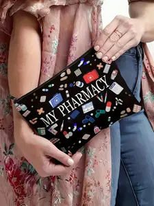 Pharmacy-Themed Storage Bag - Multifunctional Medication Organizer & Travel Cosmetic Pouch,Colorful Pill & Vitamin Print