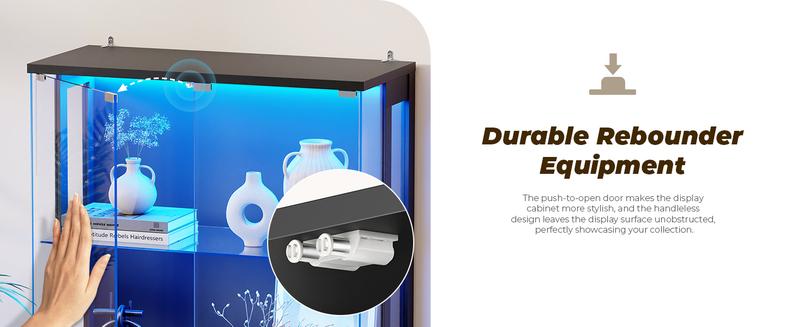 BROTTAR Display Cabinet with Glass Doors, 4-Tier Curio Cabinet with 3 Color Lights for Collectibles, 65" Lighted Glass Display Case with Transparent Full-Display Surface, Human Body Sensor, Black