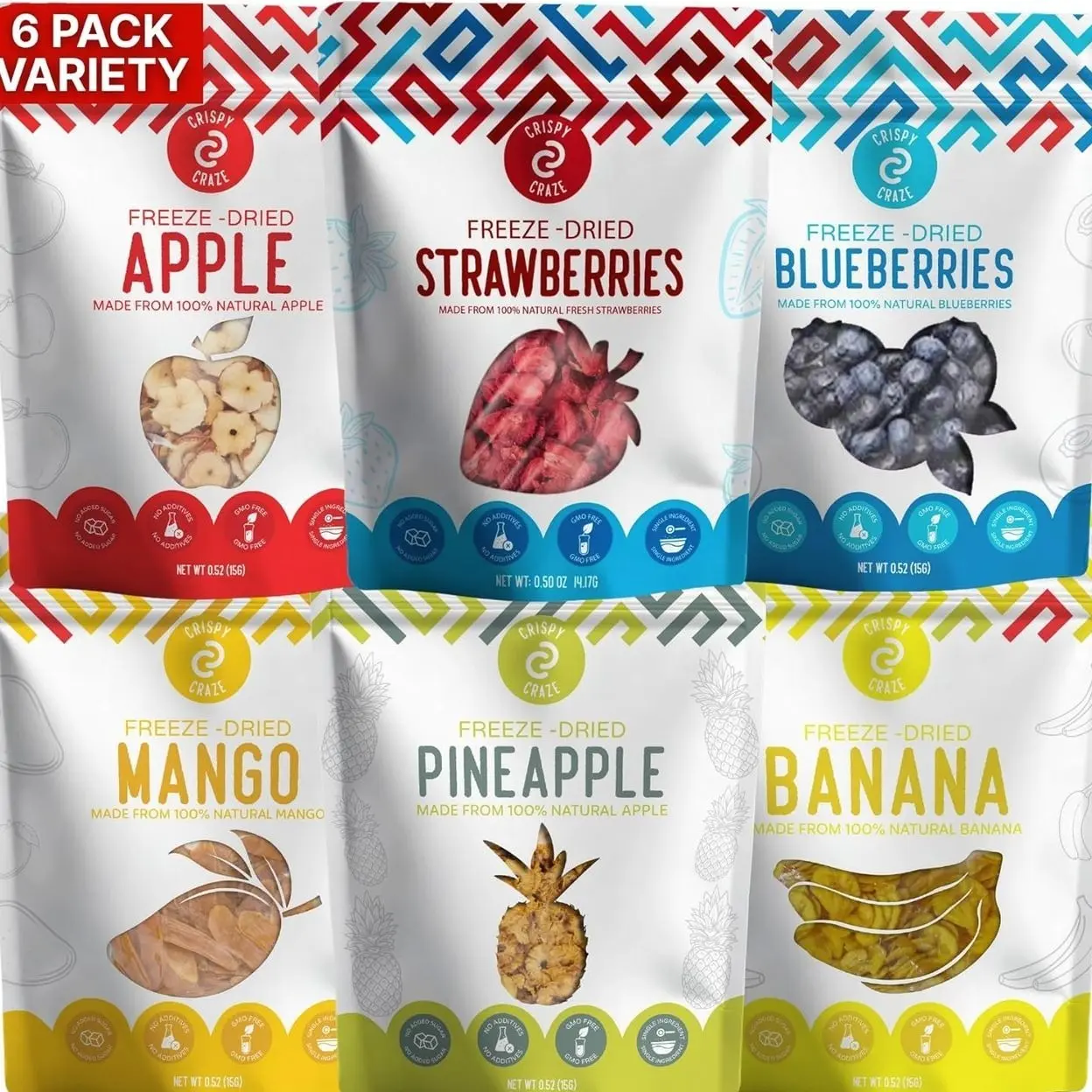 Crispy Craze Freeze Dried Fruit Variety Pack (6 Snack Sized Bags, 0.52 oz Each) Fruit Crisps, Non GMO, Healthy Snack, No Added Sugar & Additives, 100% Natural, Allergen Free, School Safe