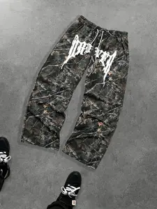 Men's Casual Sport Camo Long Pants, Letter Pattern Print Loose Fit, Drawstring Wide Leg, All Seasons Fashion, Men's Clothing, Camouflage Sports Pants