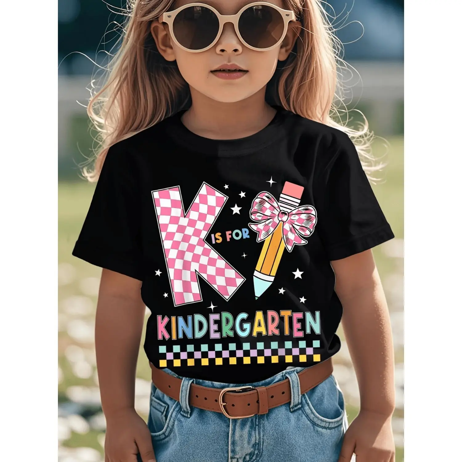 Girls' Soft Cotton Bowknot Print Crew Neck Athletic Short-Sleeved T-Shirt - Classic Fit, Regular Cut, Casual Play Tops for 3-13 Years