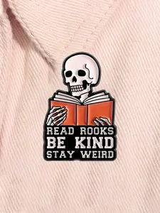 Halloween Skeleton Reading Book Enamel Pin Inspirational Quote Read Books Be Kind Stay Bookish Alloy Brooch Lapel Backpack Badge Fashion Jewelry Accessories Book Lovers Gift for Friends