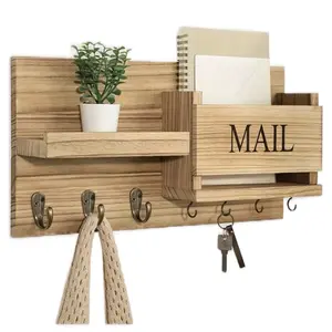 Rustic Wooden Mail & Key Organizer Wall Mounted Storage Shelf with Hooks for Home Organization and Decor Hanging Letter Holder