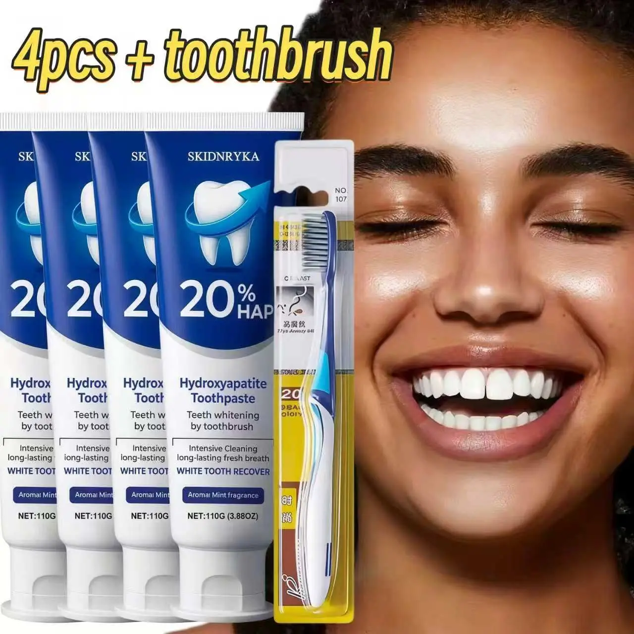 Skidnryka 4-pack 20% Hydroxyapatite Toothpaste, deep cleaning and teeth whitening, daily oral care for health, family set, portable travel size, great party gift, unisex, includes toothbrush
