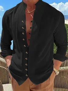 Men's Fall Casual Fitted Shirt, Stand Collar Button Design, Breathable Fashion, Multiple Colors & Styles, Ideal for Daily Wear/vacations