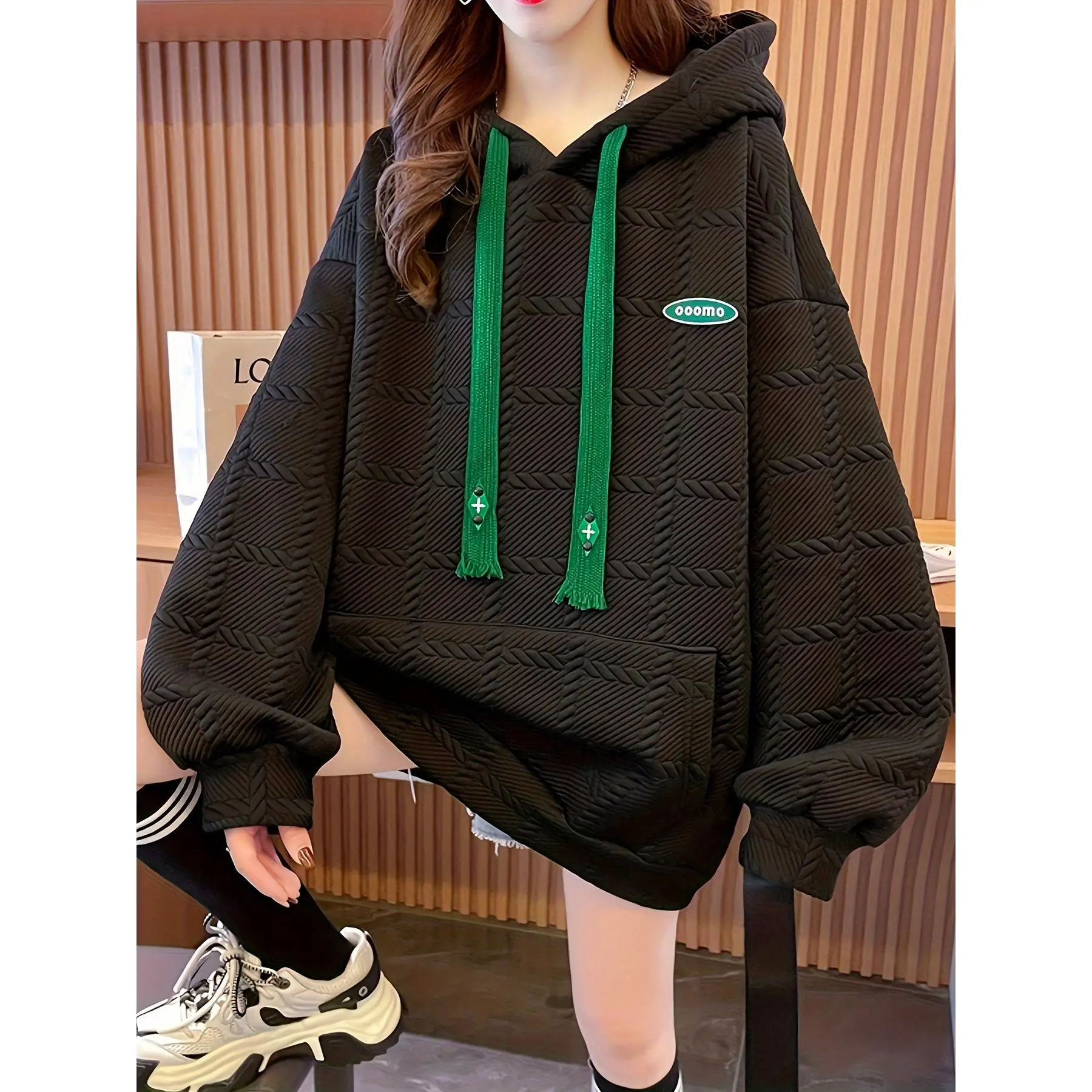 Cozy & Chic Spring/Fall Hoodie - Durable, Knit Fabric, Alphabet Pattern, Adjustable Hood with Kangaroo Pocket for Women