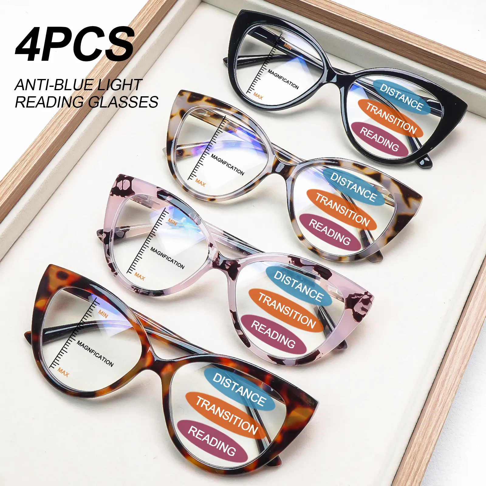4 Pack Blue Light Blocking Progressive Multifocal Reading Glasses for Women, Spring Hinge Cat Eye Frame Readers, Lightweight Fashion Eyewear