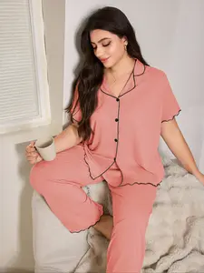 Casual Romantic Loose Fit Wooden Hem Ultra Soft Thin Summer Knit Fabric Plus Size Home Pajamas Short Sleeve Long Pants Set