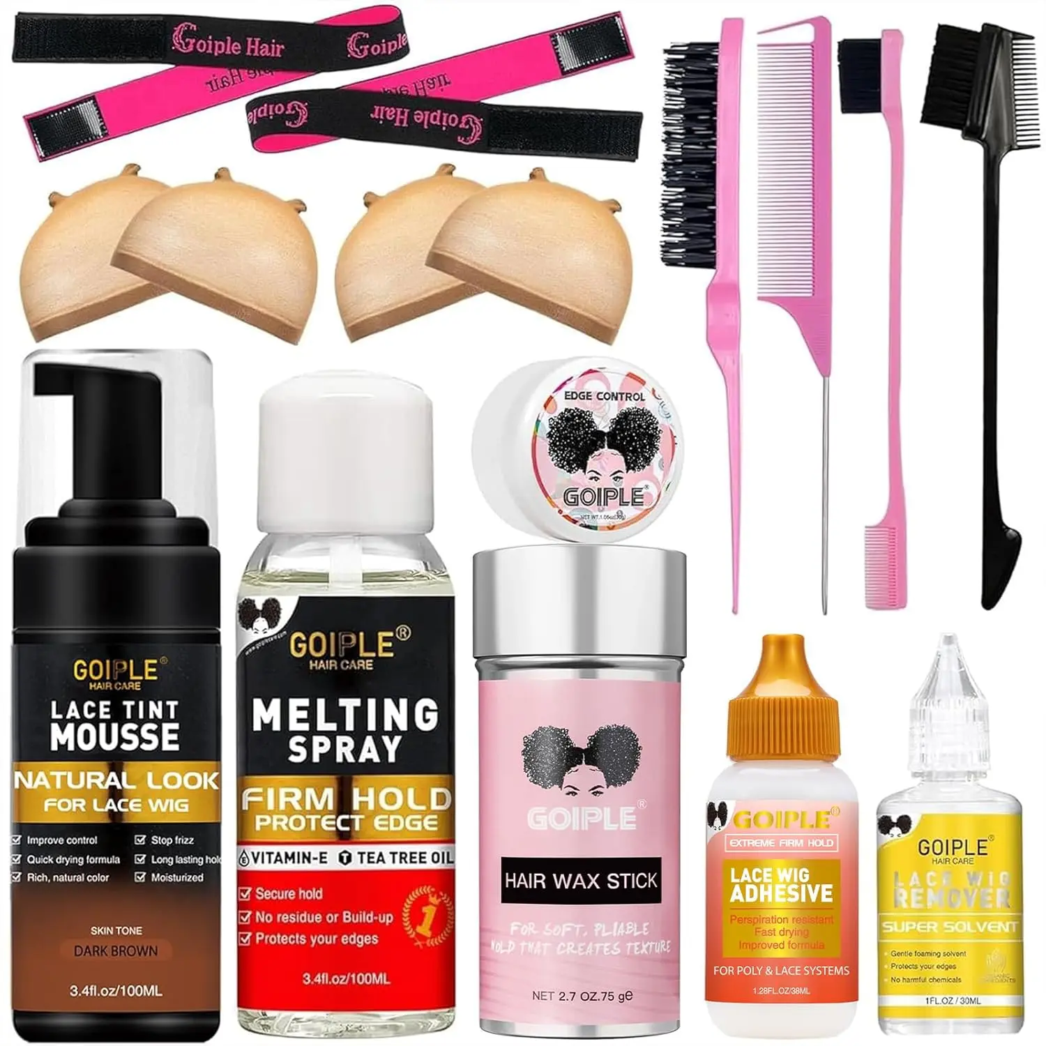 Complete Lace Glue Kit Set with Lace Tint Mousse, Lace Melting Spray Wig Glue for Women's Wigs and Hairpieces - Wig Installation Kit & Tape in Extension Remover & Cap (Dark Brown)