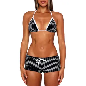 Halter Triangle Bikini Sets for Women Striped String Bikini Tops Micro Shorts Bottoms 2 Piece Swimsuit Bathing Suits(Gift)