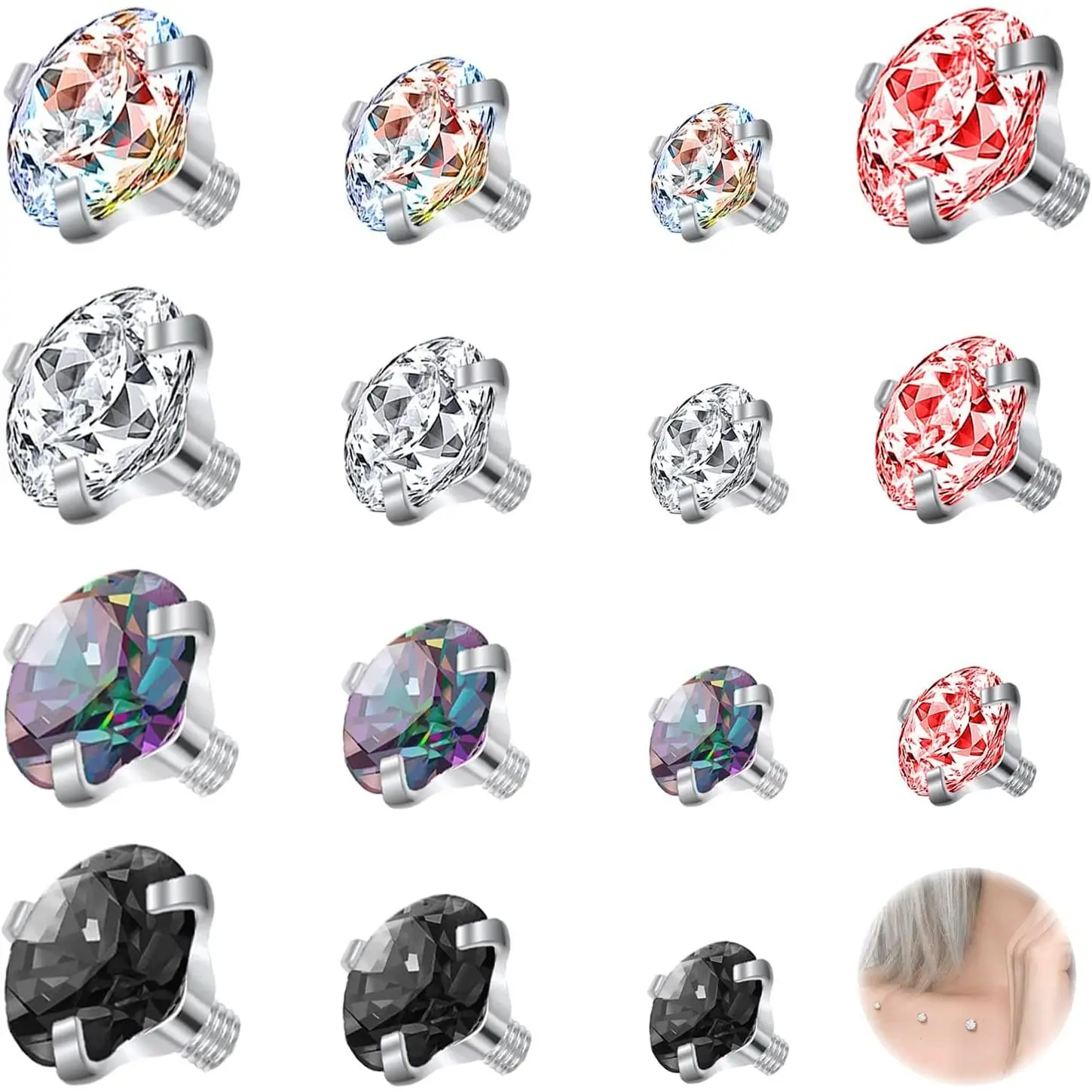 15-Piece 16G Dermal Piercing Jewelry Set, Surgical Steel Internally Threaded Anchor Tops with 2.5-4mm CZ for Female Anti-Eyebrow, Monroe Piercing, Backs, Cheek, Hypoallergenic Stainless Steel Piercing Jewelry
