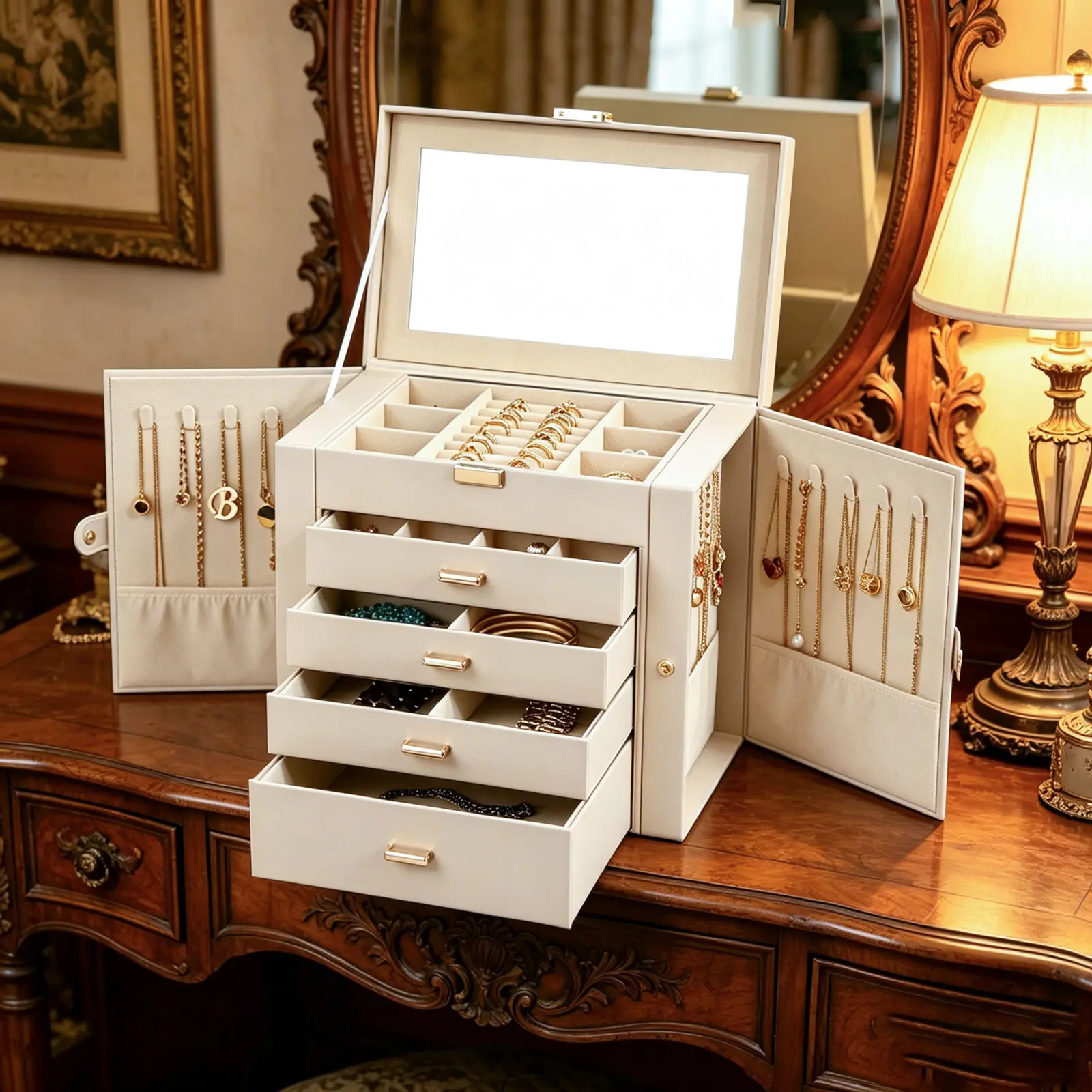 BOOVO 5-Layer Secure Jewelry Organizer Box with Lock & Mirror, Double Side Doors Anti-Tarnish Velvet Case for Rings, Stud Earrings, Necklaces. Dustproof Protective Leather Jewelry Tower, High-End Birthday Gift Box for Girlfriend（Pearl white）