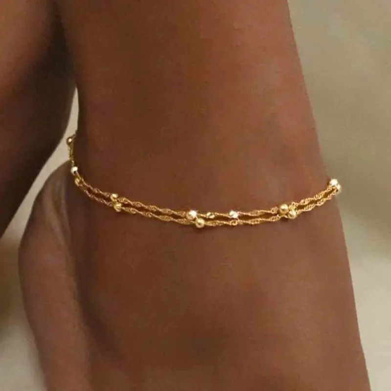 Women's Fashionable Metal Chain Dainty Layered Anklet, Simple Design Dual Layer Beaded Foot Jewelry, Trendy Jewelry, Wearable Jewelry, Perfect for Daily Wear & Party Accessories, Fashionable Accessory, All Seasons