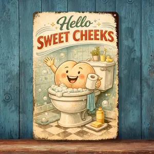 Funny Bathroom Wall Decor Metal Sign 8x12 Inch Vintage Retro “Hello Sweet Cheeks” Rustic Funny Bathroom Sign Gift for Home
