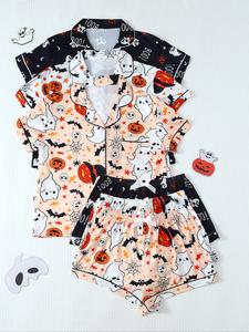 halloween women's pajama set, fun ghost pumpkin print, casual fitted short sleeve top & bow shorts, all seasons sleepwear