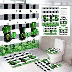 1/4pcs St Patrick'S Day Bathroom Curtain Set, Shower Curtain Sets - Black & White Checkered with Green Shamrocks, Leprechaun Hats, Toilet Seat Cover, Bath Mat - Irish Themed Festive Decor for Bathroom, Green/Black/White Gold Accents