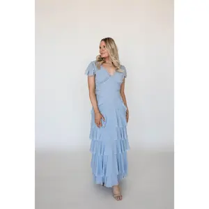 Erin Dusty Blue Lace Trim Ruffle Maxi Dress