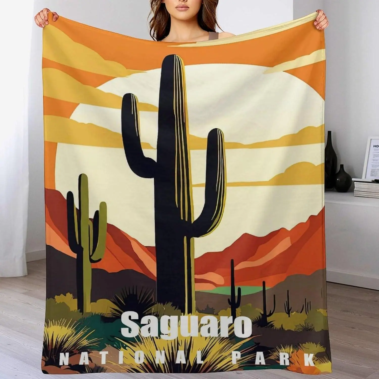Wrinkle-Resistant Full Print American-Themed Saguaro National Park Abstract Nature Landscape Blanket, 50x60 in, Christmas/Thanksgiving Gift for Grandparents’ Bedroom & Living Room, Home Textile Throw