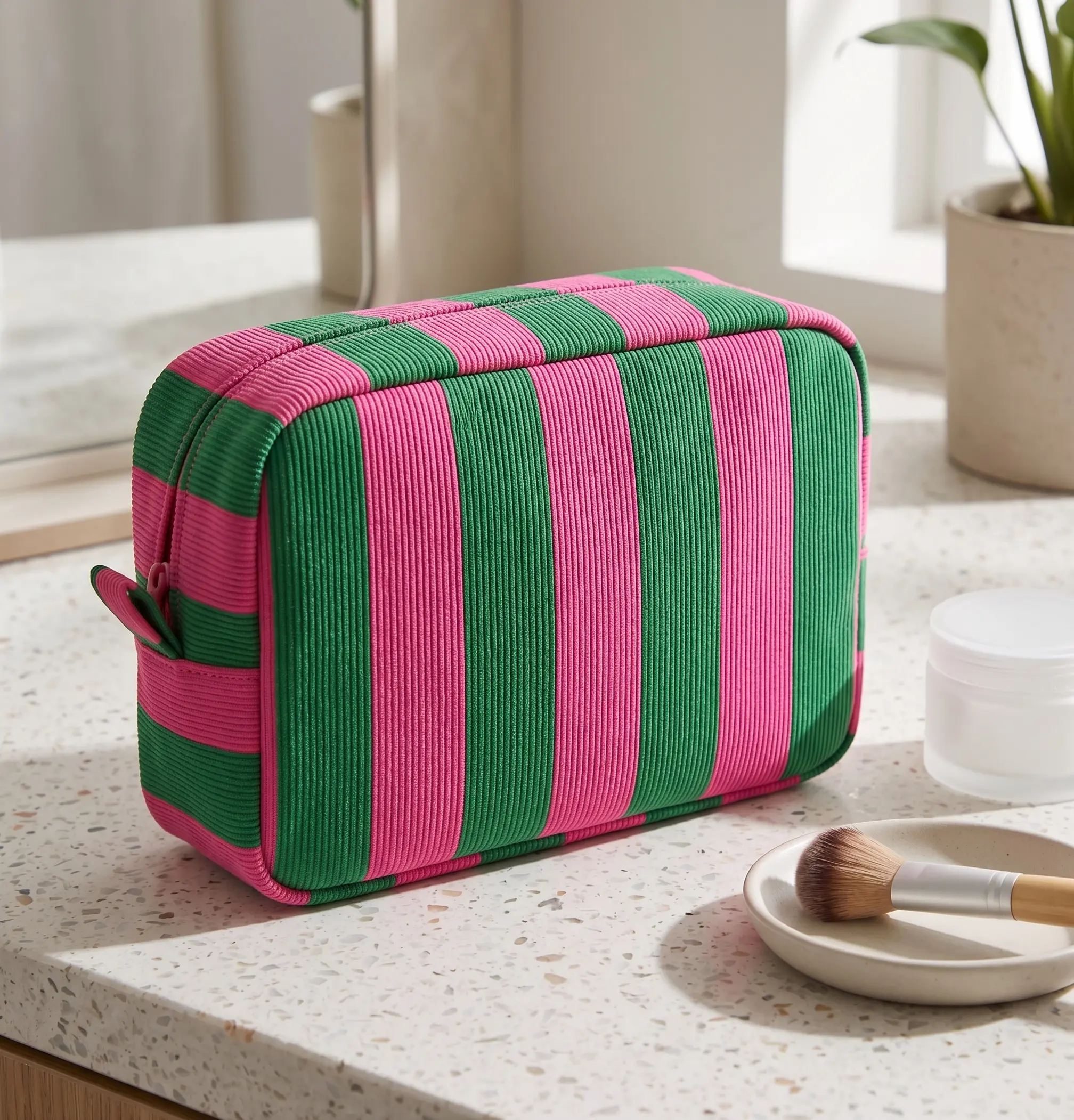 Pink and Green Striped Makeup Bag for Women Travel Cosmetic Pouch Canvas Toiletry Organizer Zipper Storage Case for Daily Essentials Skincare Accessories Makeup Brushes and Bathroom Items Soft Fabric Rectangle Pouch