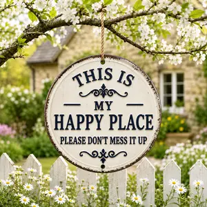 Buy 1 get 1 free Funny Garden Metal Sign – “This is my happy place-PLEASE DON'T MESS IT UP — 8×8round vintage outdoor decor — rust-resistant aluminum welcome plaque for backyard, porch, fence, patio, bar, and gift, Decorative,summerwins summerwins
