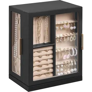 360? Rotating  Box with 5 Drawers, Spacious Vertical  Organizer with Glass Window,  Storage Case,  & -resistant Design, Black