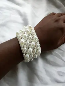 Fashionably Exaggerated Versatile Bracelet Handcrafted Woven Acrylic Pearl Geometric Double-Layer Elegance Wristband Double Layered Bracelets