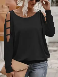 Women's Plus Size Hollow Out Long Sleeve Fitted Knit T-Shirt, Casual Fall & Winter Top, Comfortable and Stylish Ladies' Clothing