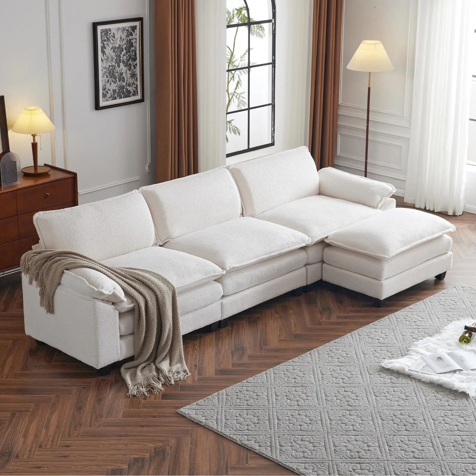 Karl home Sectional Sofa Modular Deep Seat Sofa Couch with Ottoman, Teddy Fleece Sofa Sleeper Comfy Upholstered Furniture for Living Room, Apartment, Studio, Office
