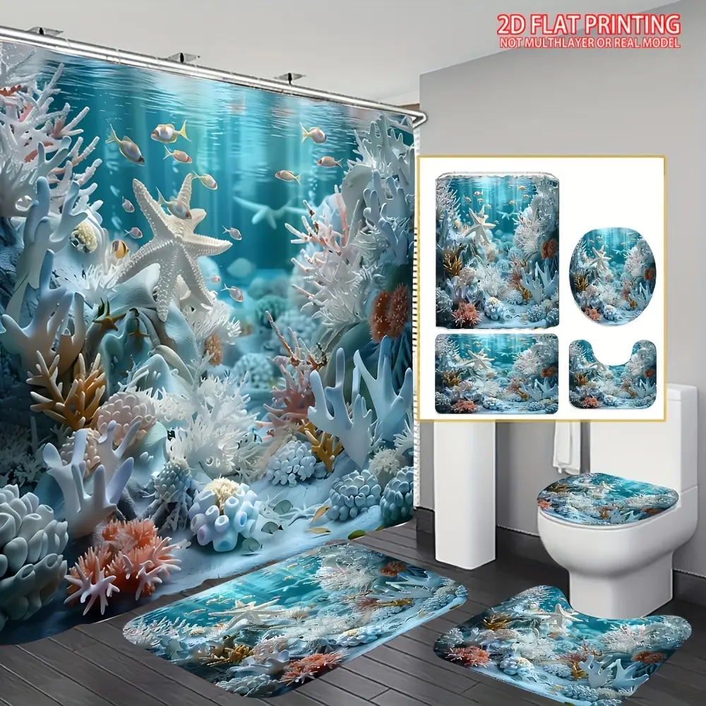 2D Flat Design Ocean-style Shell Print Bathroom Set.1pc: Shower Curtain Only.4pcs Set: Shower Curtain + Non-slip Bath Mat + Toilet Lid Cover + Bathroom Mat + 12 Hooks. Perfect Bathroom Accessories & Home Decor., 2D Flat