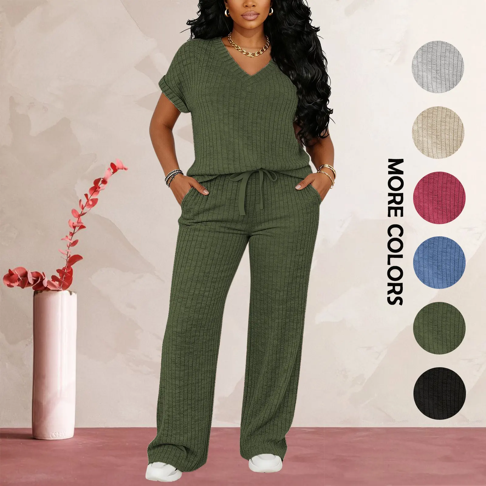 MOEENCN Women's Ultra-Soft Brushed Ribbed Knit 2-Piece Loungewear Set, V-Neck Top & High Waist Wide Leg Pants with Pockets for Lazy Days & Brunch summerwins Womenswear Clothes Suits