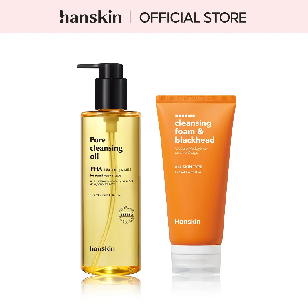 Hanskin Pore-Perfecting Double Cleansing Duo Kit with PHA Oil & Tea Tree Foam, Melts Makeup & Blackheads, Gentle Face Wash for Sensitive, Dry Skin, Cruelty Free & Fragrance Free, Cleansing Oil, Adults, All Skin Types, Oil+Foam