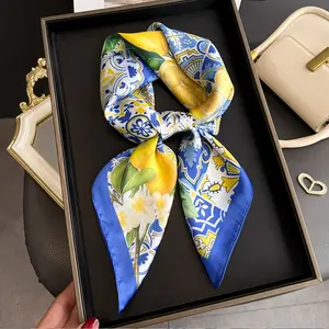 1PC Blue Imitation Silk Square Scarf, A Stylish Lemon Print Headscarf, A Women'S Decorative Neckerchief, A Soft And Silky Shawl Suitable For All Seasons.