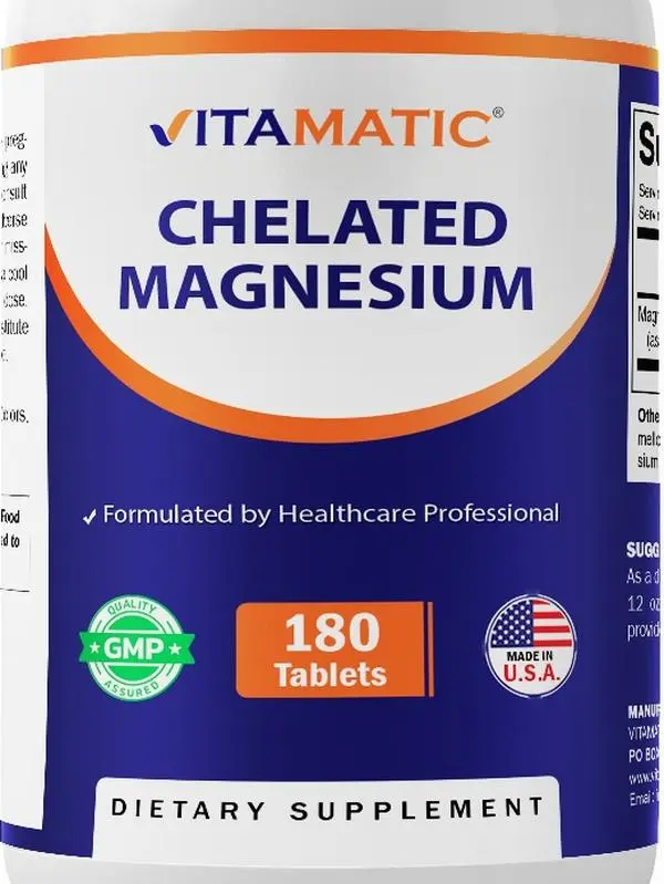 Vitamatic Chelated Magnesium Tablets - 300mg Per Tablet, 180 Count, USA-Made Supplement Supporting Muscle, Nerve & Heart Health, GMO-Free, Vegan, Allergen-Free (Dairy, Gluten Excluded), Dairy Free Supplement