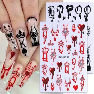 2pcs Sparkly Poker Nail Glitter Stickers Black Red Queen&King Demon Spiders Web Design Gothic Letter Heart French Manicure Decal
