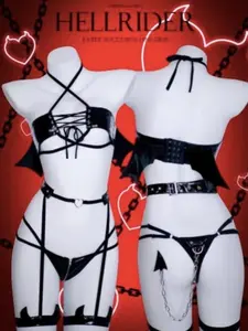 MOEFLAVOR Hell Rider Succubus Lingerie - Adjustable Top with Belt, High-waisted Shorts, Black Color, Womenswear Style