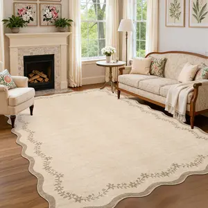 Washable Scalloped Living Room Rugs, Soft Non Slip Nursery Rug for Girls Bedroom Indoor Modern Low Pile Floor Rug Large Ultra Thin Contemporary Home Decor Throw Carpet for Dining Room Apartment Office