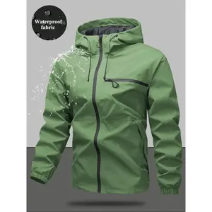 Men's Plain Waterproof Windproof Drawstring Zip Up Hooded Jacket, Casual Long Sleeve Zipper Pocket Design Outerwear for Outdoor Activities, Men's Clothes for All Seasons, Coats, Menswear