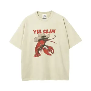 Men's Vintage Acid Wash Oversized T-Shirt - Funny Lobster Graphic, Retro Western Cowboy Crawfish Design - Biker Matching Flare Day Chunky Summer Top