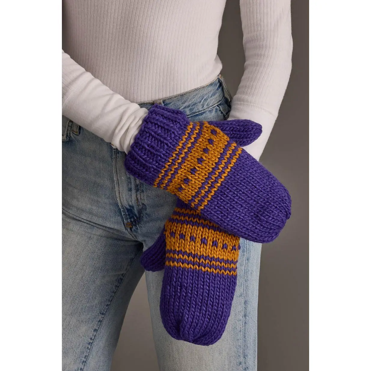Purple & Gold Patterned Knit Mittens