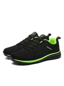 1 Pair Men's Black Green Color Block Flyknit Running Shoes Light Trend Casual Style Breathable Flyknit Upper With Fluorescent Green Decoration Anti-Slip Wave Sole Soft Shock Absorption Comfortable For Daily Commute And Light Sports
