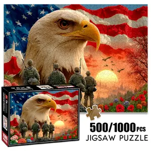 1pc 1000 piece adult puzzle 70x50cm Bald Eagle, American Flag, Soldiers and Sunset Scene 500 pieces of paper jigsaw puzzle, suitable for adults and families, large-scale DIY puzzle interactive toy