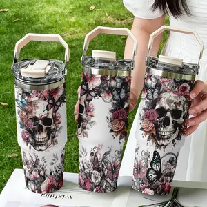 30oz Stainless Steel Handheld Mug, Tumbler with Handle, Skull Floral Print Design, Dual-Layer Vacuum Insulated Cold & Hot, Portable Travel Cup Gift