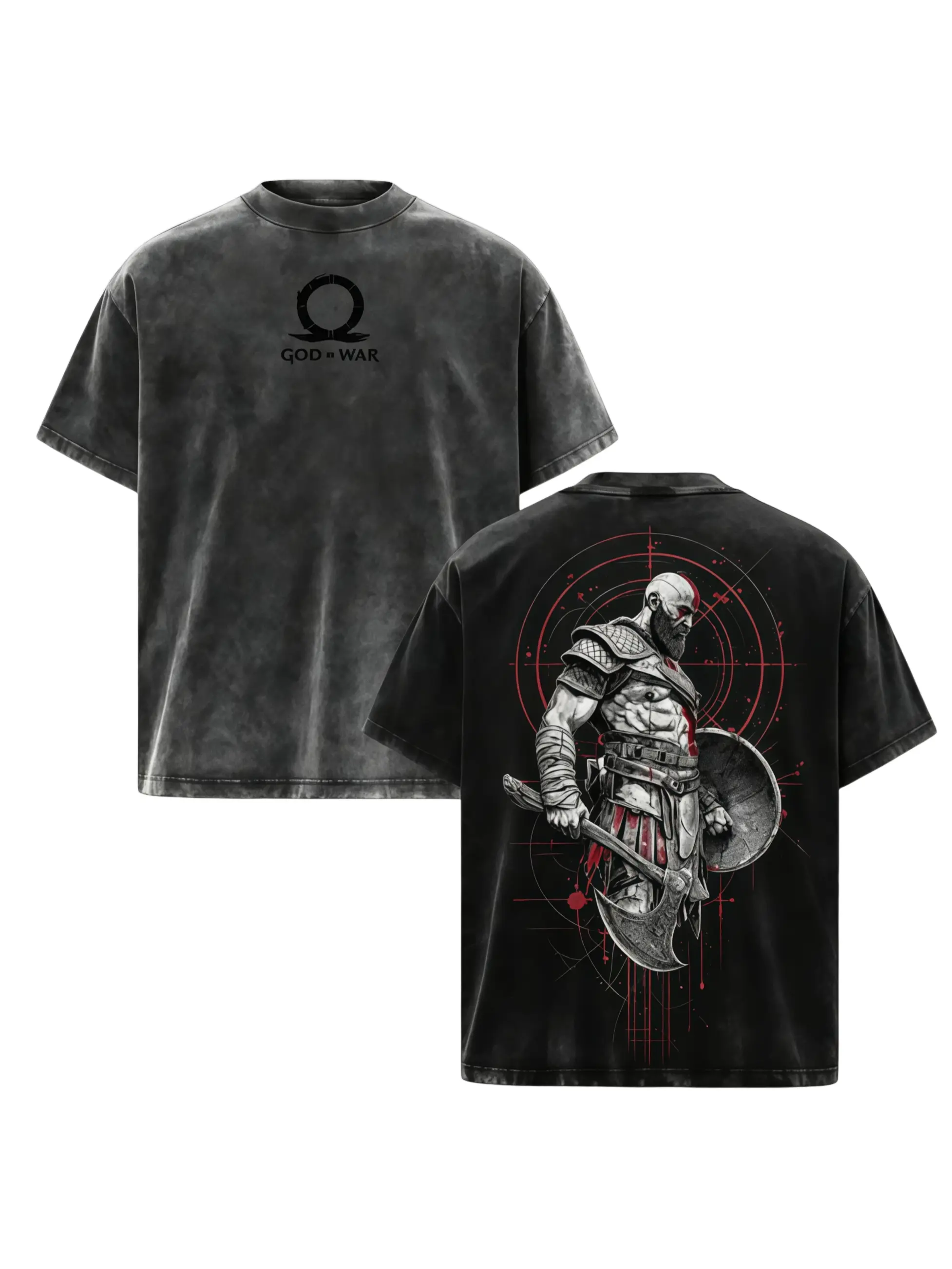 Kratos God of War Vintage Washed Shirt – Oversized Unisex Cotton T-Shirt, Double-Sided Heavyweight Graphic Tee, Greek Mythology Warrior Streetwear Apparel Menswear Top Man Tshirt Tropical Crewneck Shortsleeve Love  Biker